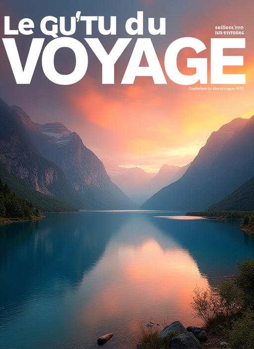 Couverture du magazine Le Goût du Voyage montrant un paysage naturel spectaculaire, des montagnes imposantes et un lac serein au lever du soleil.