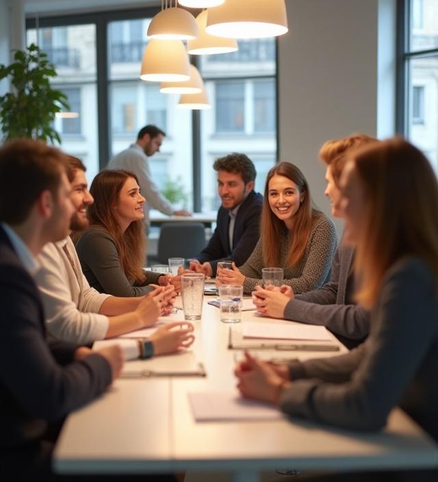 L'équipe de Vent Large lors d'une session de brainstorming créatif dans leurs bureaux parisiens, des sourires et des échanges animés autour d'une table.